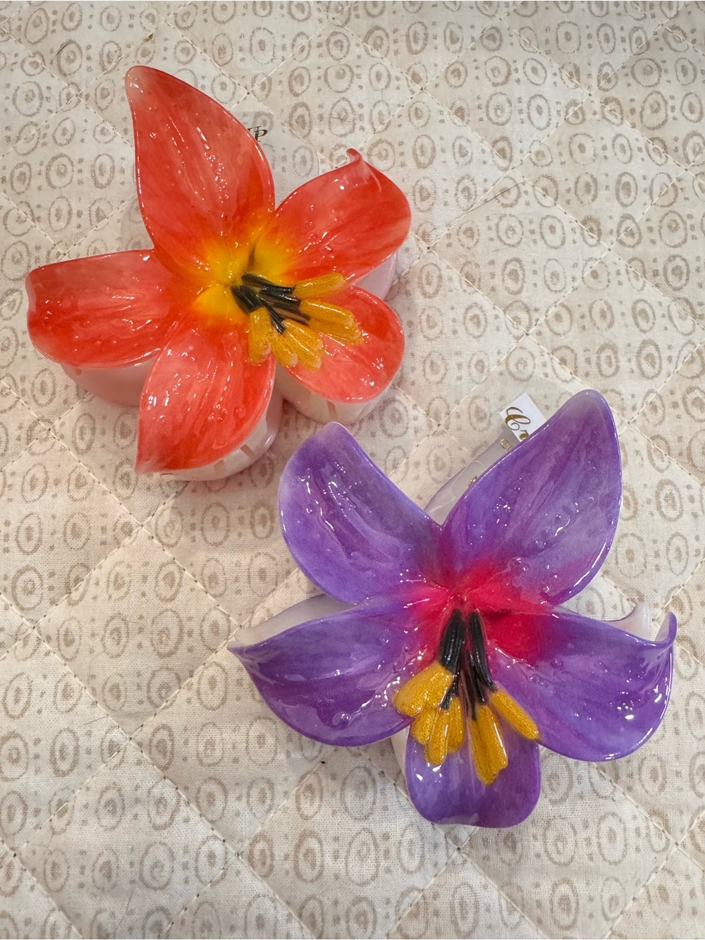 Hawaiian colorful flowers hair pin claw - Purple & Coral Flower Set of 2